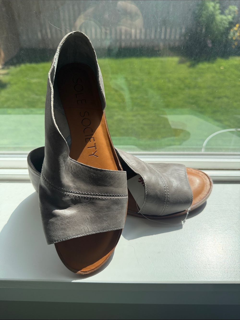 Sole Society Gray Open-Side Leather Wedge Sandals